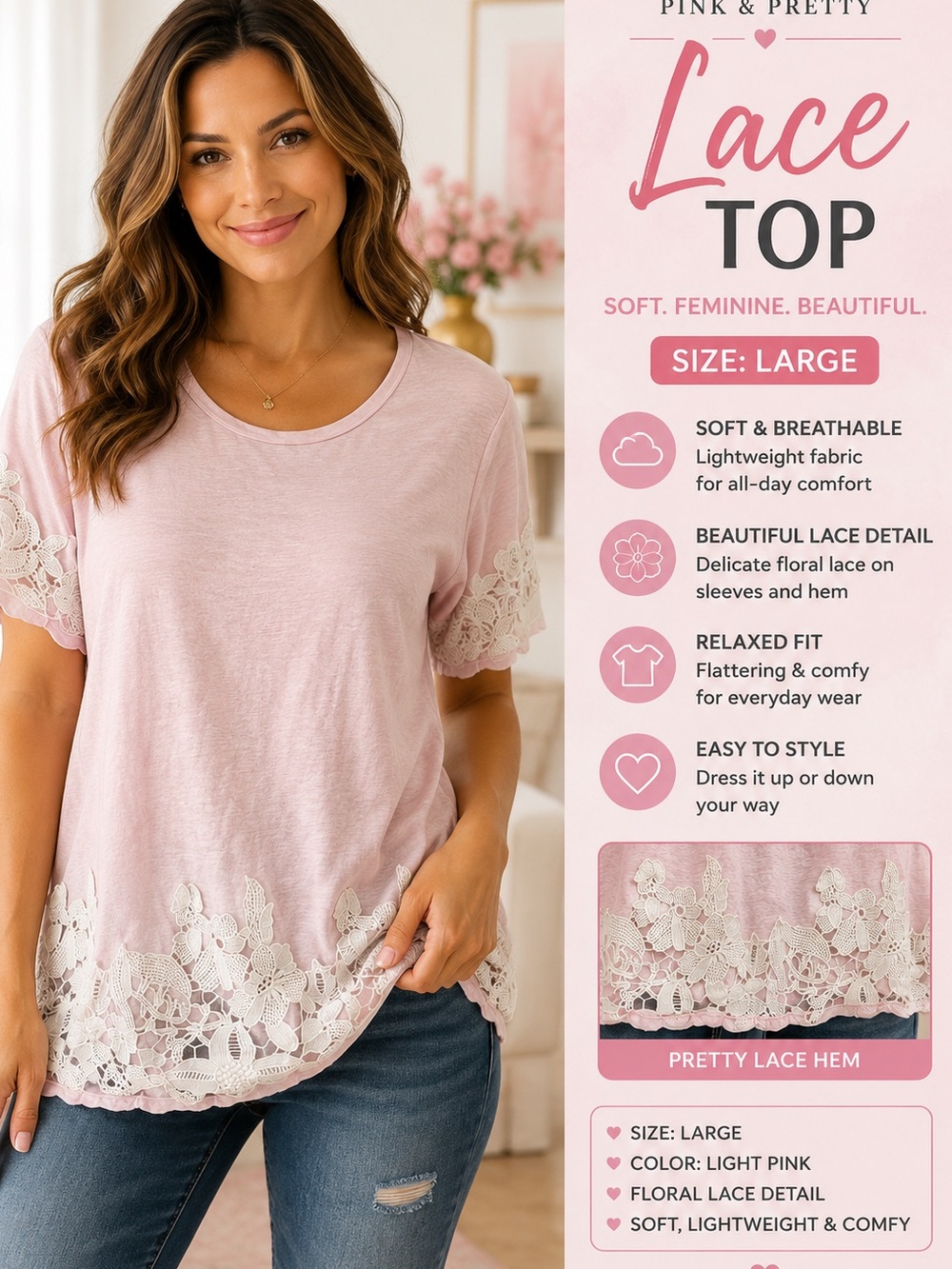 Simply Styled Light Pink Lace-Hem Short Sleeve Top LARGE